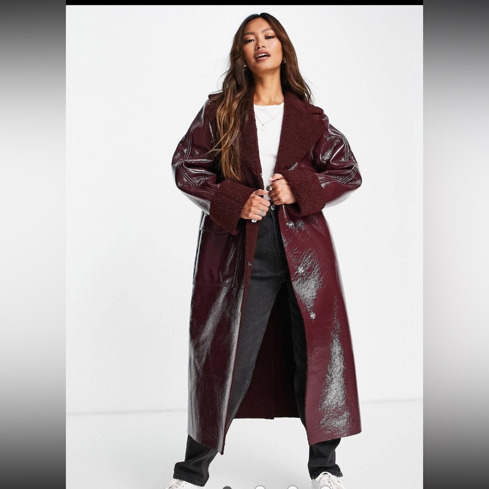 Topshop vinyl & sherpa long coat in burgundy